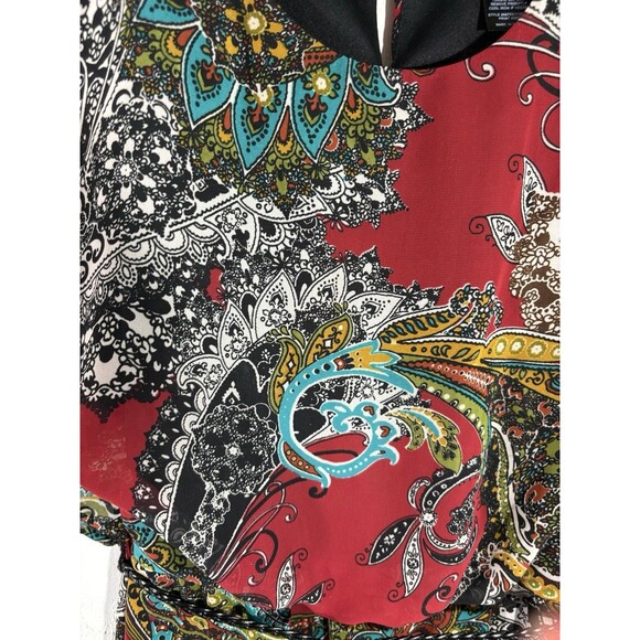 Focus Women’s Burgundy Paisley Design Sz 8 Dress Belted Sleeveless Key Hole Back - Picture 6 of 7